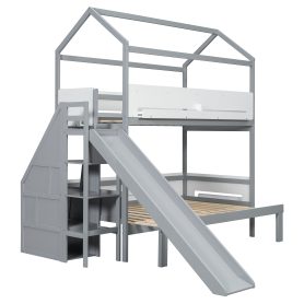 House-Shaped Wooden Bunk Bed with Slide & Storage Staircase