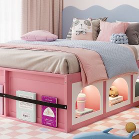 Queen Size Wooden Platform Bed with Bookshelf, Display Cabinet, LED Light and Drawer