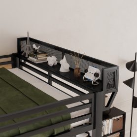 Metal Queen Size Loft Bed With Foldable Desk,Light Strip, Staircase Storage And Charging Station