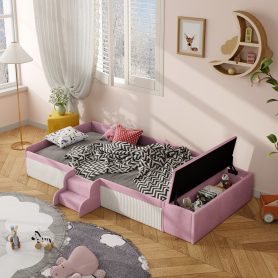 Twin Size Velvet Upholstered Daybed with Stairs & Gas Lift Storage Ottoman, Contrast Color, Padded Guardrails