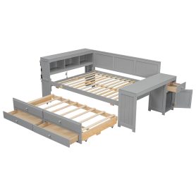Full Size Daybed With Storage Shelves, Drawers, Trundle, Charging Station, LED Light, Desk And Cabinet