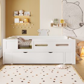 Wood Full Size Platform Bed with Guardrail and Drawer