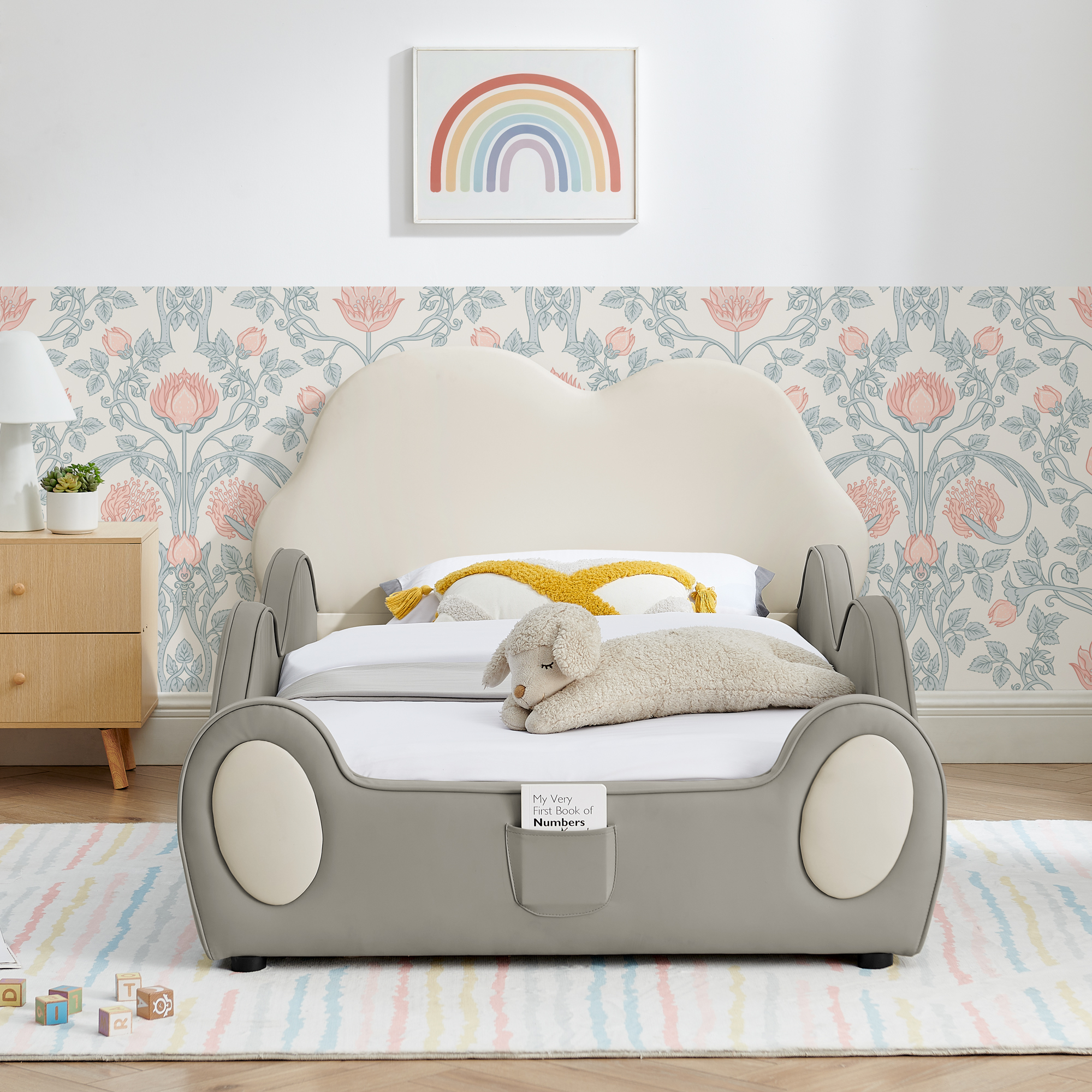 Twin Size Cute Cloud Shape PU Leather Kids Bed with Guardrails