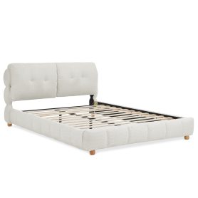 Queen Cream Style Bouclé Fabric Platform Bed 16 Queen Cream Style Bouclé Fabric Platform Bed