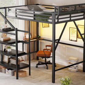 Metal Full Size Loft Bed With Foldable Desk,Light Strip, Staircase Storage And Charging Station