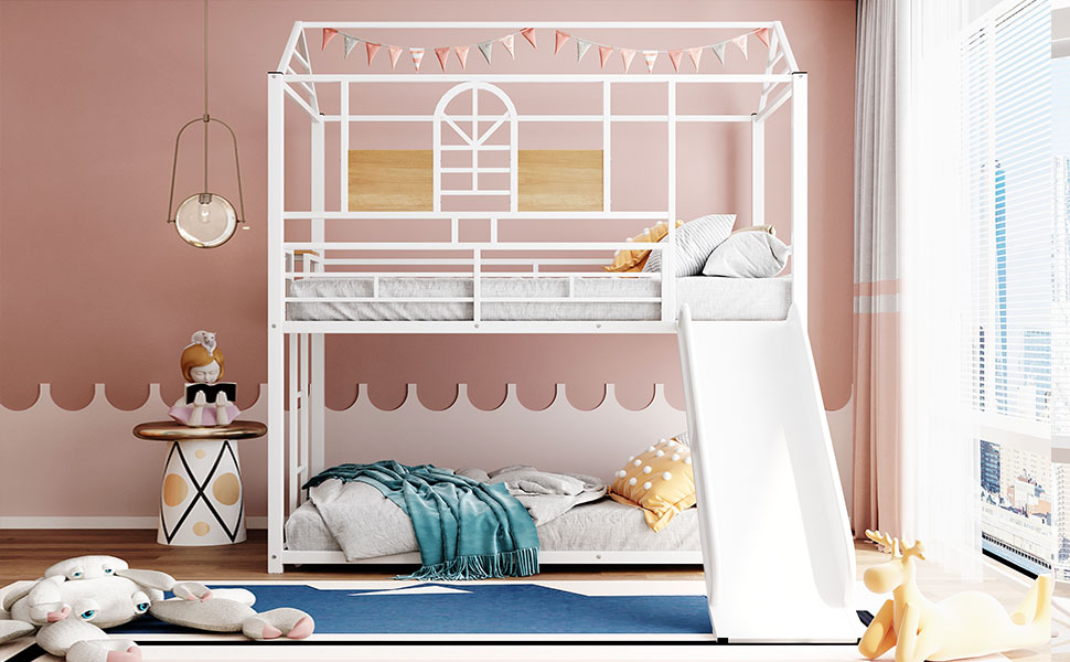 Metal Twin Over Twin Bunk Bed With Slide 4 Metal Twin Over Twin Bunk Bed With Slide