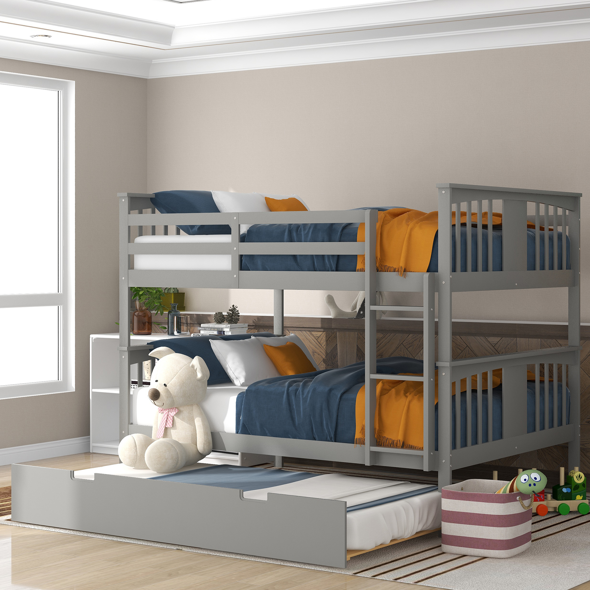 Wood Full over Full Bunk Bed with Twin Size Trundle and Ladder