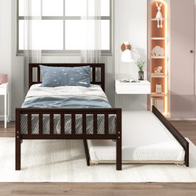 Twin Size Platform Bed Frame With Trundle, Headboard And Footboard