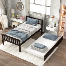 Twin Size Platform Bed Frame With Trundle, Headboard And Footboard