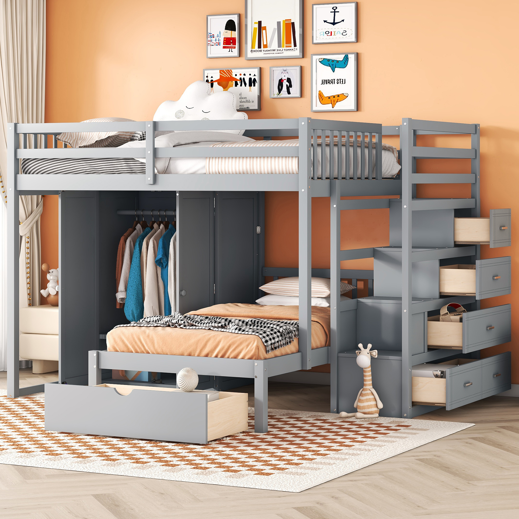 Full Over Twin Bunk Bed with Wardrobe, Drawers