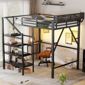 Metal Full Size Loft Bed With Foldable Desk,Light Strip, Staircase Storage And Charging Station