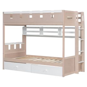 Twin Size Castle Style Bunk Bed with 2 Drawers, Shelf and LED Light