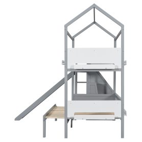 House-Shaped Wooden Bunk Bed with Slide & Storage Staircase