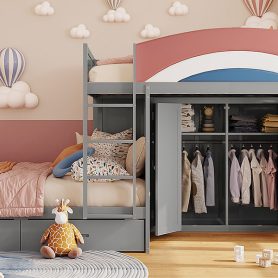 Full Size Offset Bunk Bed with Wardrobe & Drawers, Upholstered Guardrail, Built-in Hanging Rod