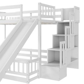 Pine Solid Wooden Bunk Bed with Slide, Storage Staircase and Safety Guardrails