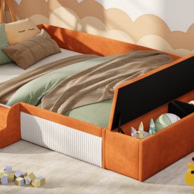 Queen Size Velvet Upholstered Daybed with Stairs & Gas Lift Storage Ottoman, Contrast Color, Padded Guardrails