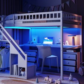 Full Size Loft Bed with Two Chest of Drawers, Desk and Light Strip