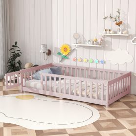 Twin Size Floor Bed with Fence, Door and Safety Guardrails
