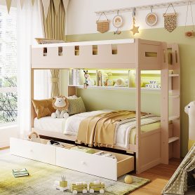 Twin Size Castle Style Bunk Bed with 2 Drawers, Shelf and LED Light
