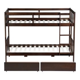 Twin Over Twin Rubber Wood Bunk Bed With 2 Drawers, Ladder And Safety Guardrails
