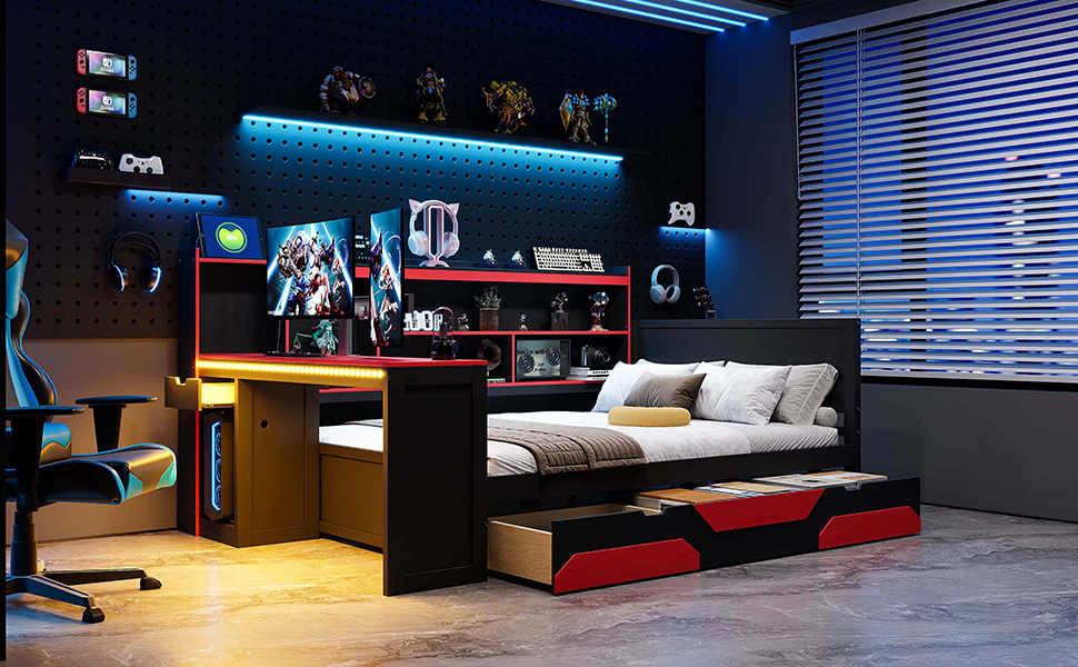Full Size Gaming Daybed with Integrated Desk and Lights 24 Full Size Gaming Daybed with Integrated Desk and Lights
