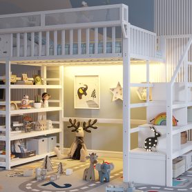 Metal Full Loft Bed with 4 Shelf Storage Rack and Charging Station