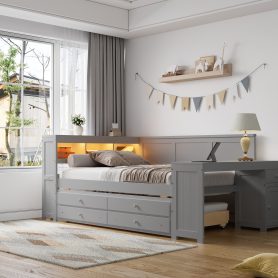 Full Size Daybed With Storage Shelves, Drawers, Trundle, Charging Station, LED Light, Desk And Cabinet