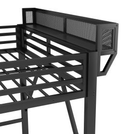 Metal Queen Size Loft Bed With Foldable Desk,Light Strip, Staircase Storage And Charging Station