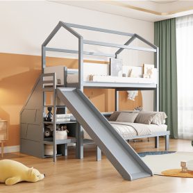 House-Shaped Wooden Bunk Bed with Slide & Storage Staircase