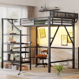 Metal Full Size Loft Bed With Foldable Desk,Light Strip, Staircase Storage And Charging Station