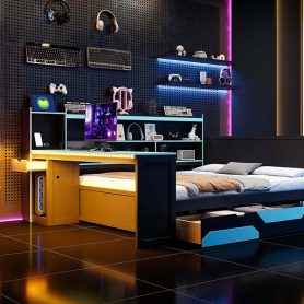 Queen Size Gaming Daybed with Integrated Desk and Lights