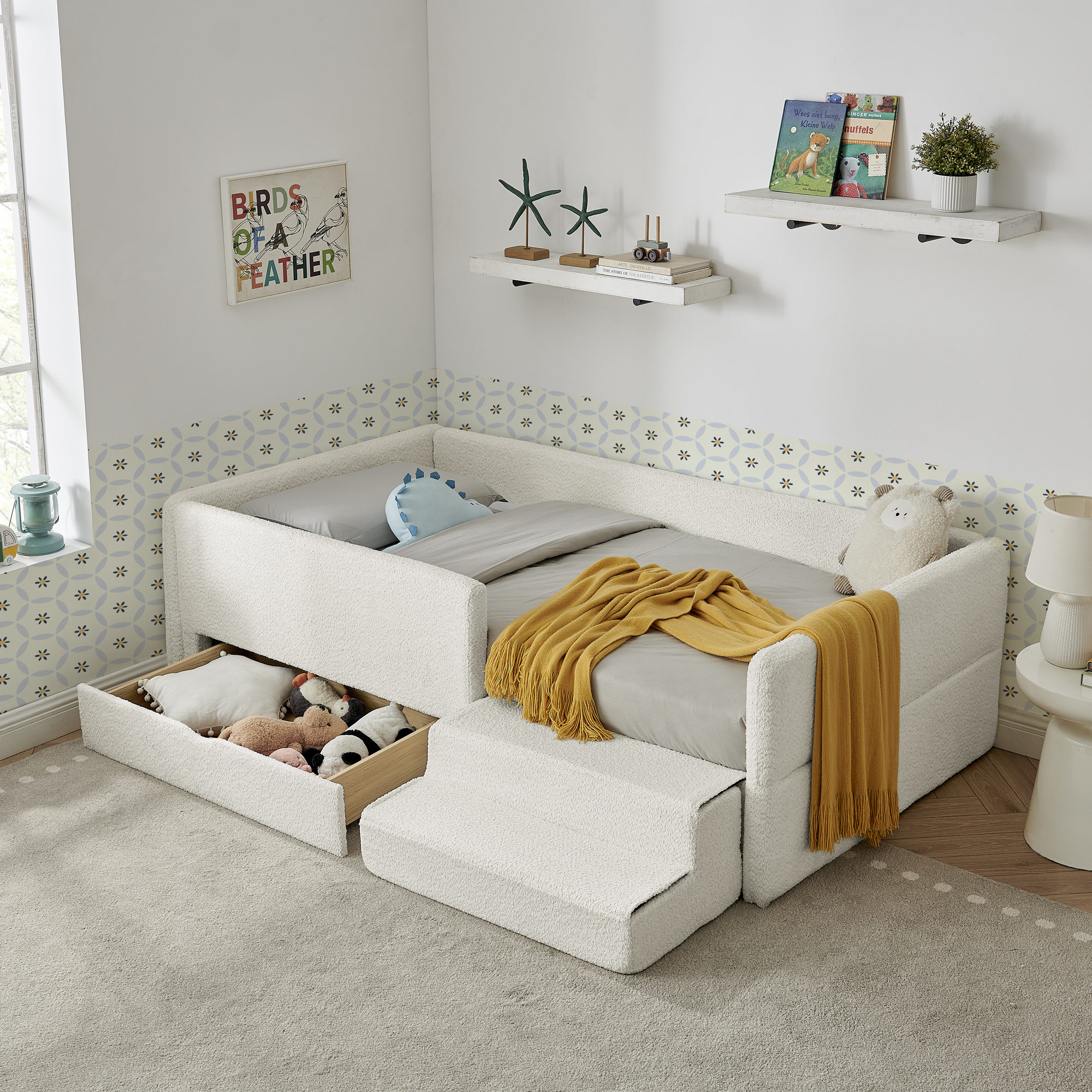 Twin Size Safe Cozy Multi-Functional Kids Bed with Guardrails and Storage