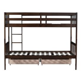 Twin Over Twin Rubber Wood Bunk Bed With 2 Drawers, Ladder And Safety Guardrails 32 Twin Over Twin Rubber Wood Bunk Bed With 2 Drawers, Ladder And Safety Guardrails