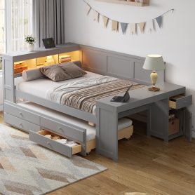 Home 33 Full Size Daybed With Storage Shelves, Drawers, Trundle, Charging Station, LED Light, Desk And Cabinet