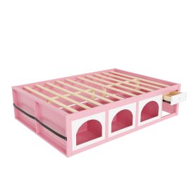 Queen Size Wooden Platform Bed with Bookshelf, Display Cabinet, LED Light and Drawer