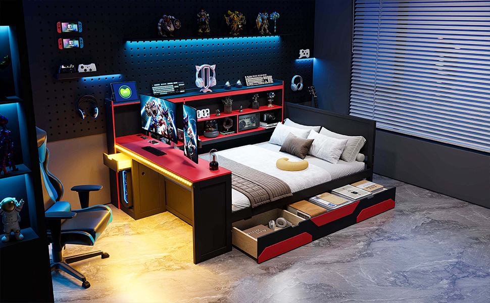 Full Size Gaming Daybed with Integrated Desk and Lights 26 Full Size Gaming Daybed with Integrated Desk and Lights