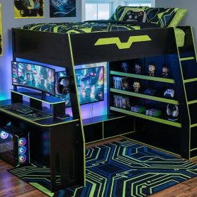 Full Size Wood Loft Bed with Desk, Multi-Storage Shelves and RGB Light