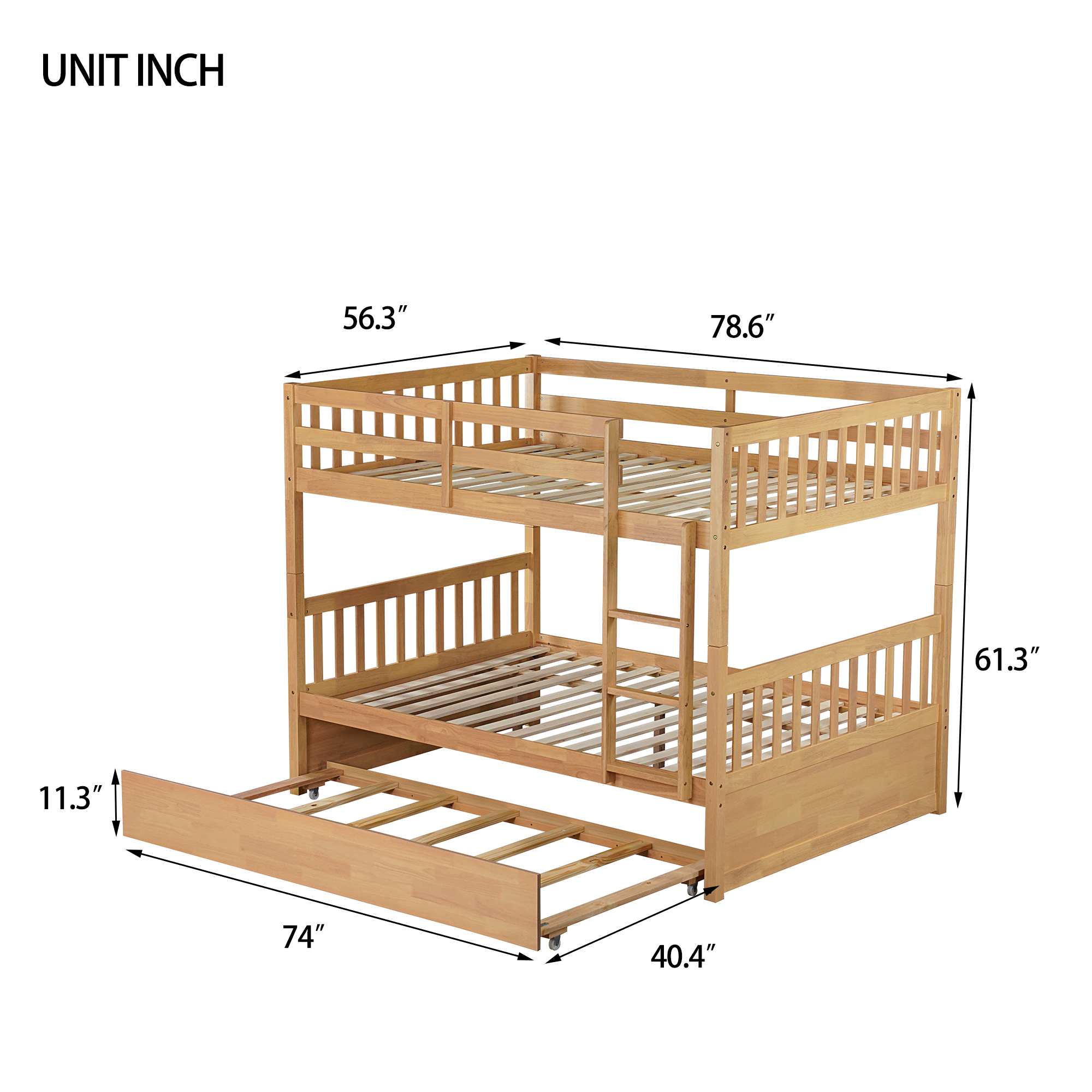 Full Over Full Rubber Wood Bunk Bed with Trundle, Ladder and Guardrails 19 Full Over Full Rubber Wood Bunk Bed with Trundle, Ladder and Guardrails