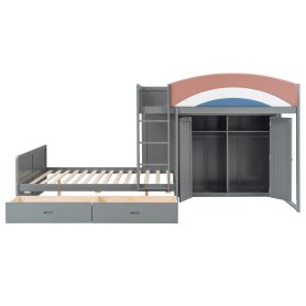 Full Size Offset Bunk Bed with Wardrobe & Drawers, Upholstered Guardrail, Built-in Hanging Rod