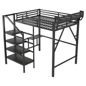 Metal Full Size Loft Bed With Foldable Desk,Light Strip, Staircase Storage And Charging Station