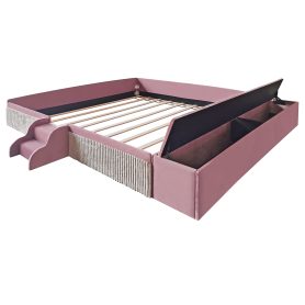 King Size Velvet Upholstered Daybed with Stairs & Gas Lift Storage Ottoman, Contrast Color, Padded Guardrails