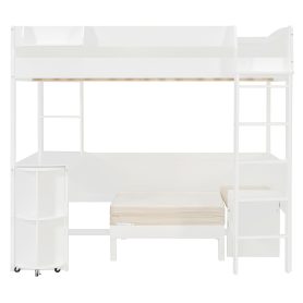 Full Size Wood Loft Bed with Desk, Bedside Storage Shelf, Sofa and Light