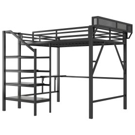 Metal Queen Size Loft Bed With Foldable Desk,Light Strip, Staircase Storage And Charging Station