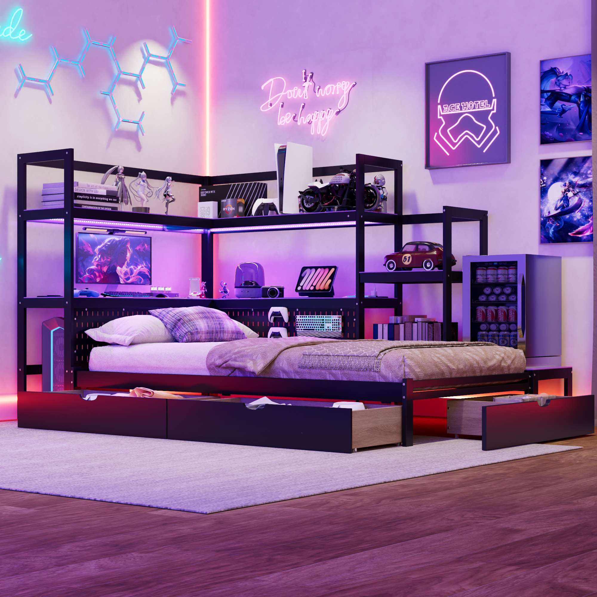 Twin Size Gaming Daybed with Integrated Desk and LED Light 11 Twin Size Gaming Daybed with Integrated Desk and LED Light