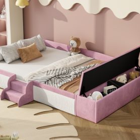 Full Size Velvet Upholstered Daybed with Stairs & Gas Lift Storage Ottoman, Contrast Color, Padded Guardrails