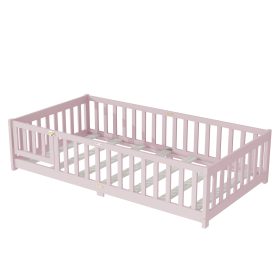 Twin Size Floor Bed with Fence, Door and Safety Guardrails