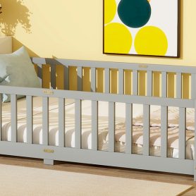 Rubber Wood Full Size Floor Bed With Fence, Door,  and Guardrails