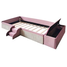 Twin Size Velvet Upholstered Daybed with Stairs & Gas Lift Storage Ottoman, Contrast Color, Padded Guardrails