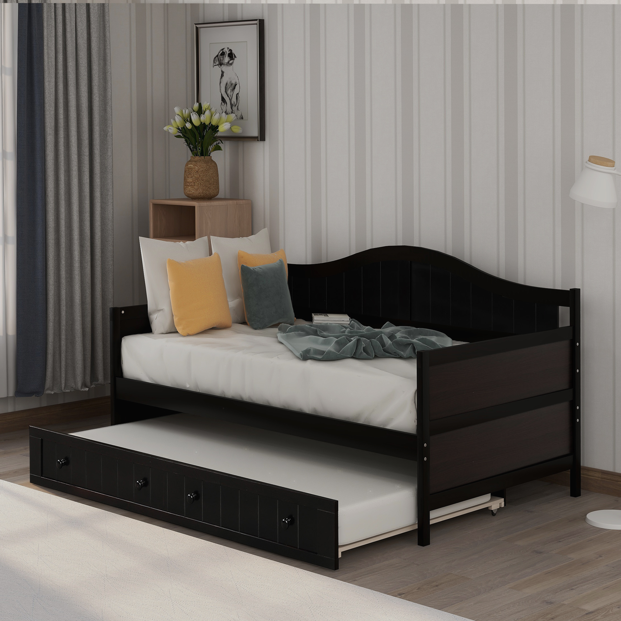 Twin Size Wooden Daybed with Trundle Bed