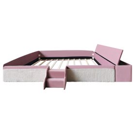 King Size Velvet Upholstered Daybed with Stairs & Gas Lift Storage Ottoman, Contrast Color, Padded Guardrails